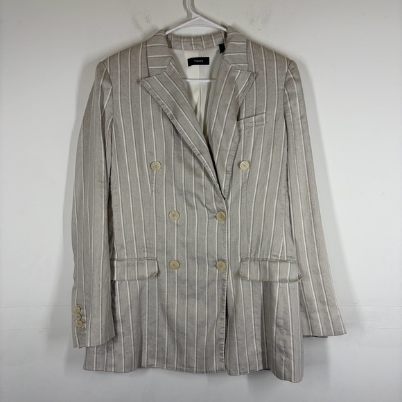Theory Blazer Double Breasted Tailor Jacket Striped Linen Size 8 - Picture 2 of 16
